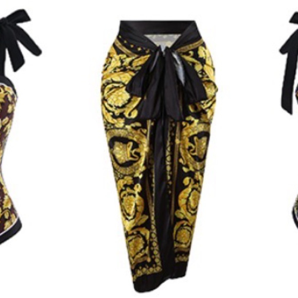 Black and Gold Baroque-Print One-Piece Swimsuit with Tie Straps - Picture 14 of 14